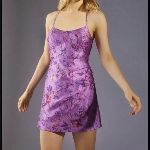 Urban Outfitters Dress Womens Medium Rose Floral Metallic Jacquard Mini Strappy - Picture 1 of 12